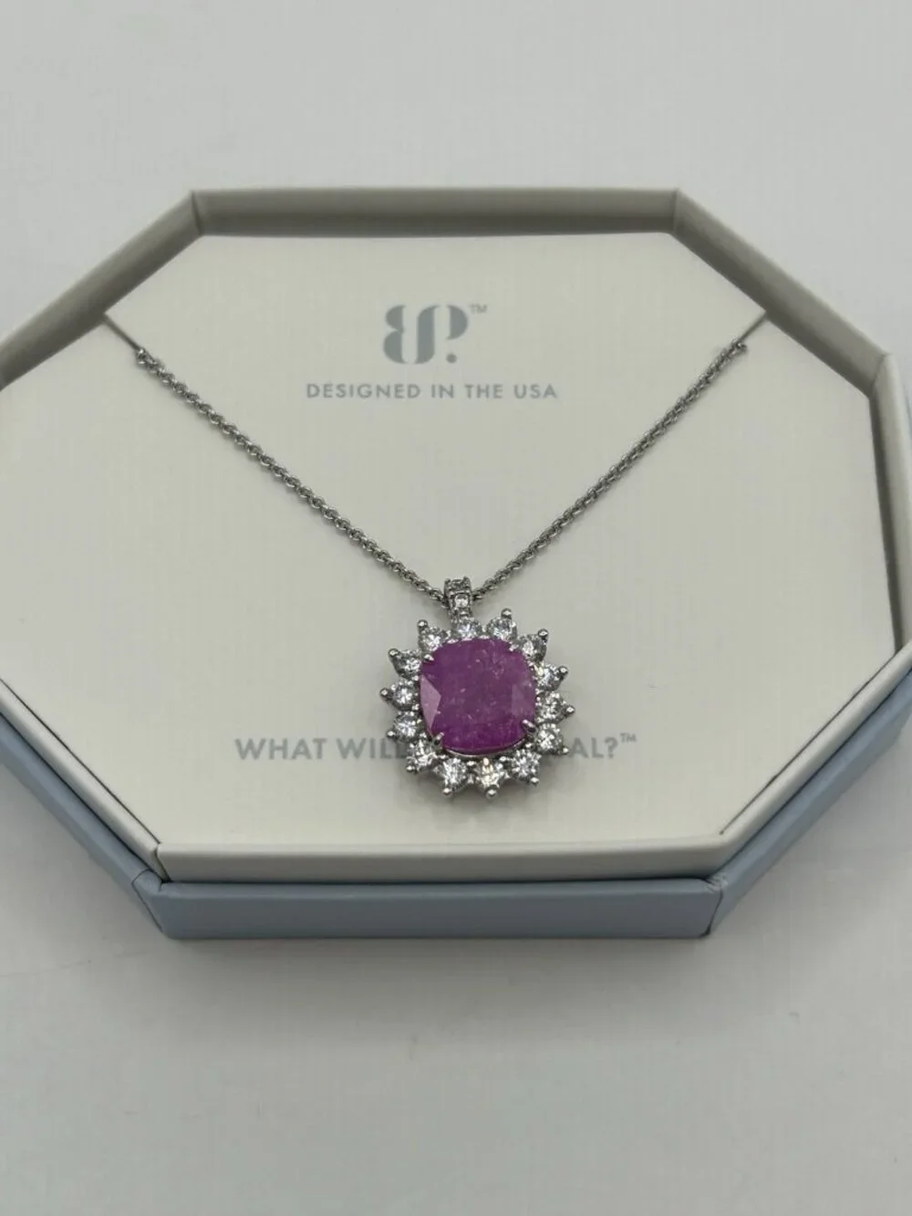 Bomb Party Necklace Pink Purple Cushion Cut Halo Silver Tone New Surprise Reveal